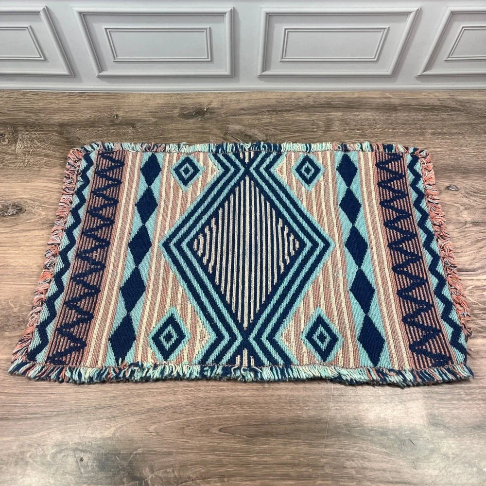 Southwestern Fringed Woven Placemats Set of 2 Blue Coral Geometric Reversable